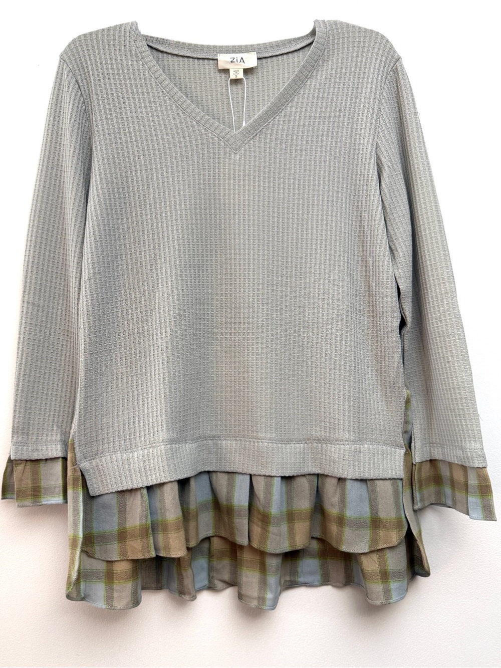 ZIA Boho Cottagecore Waffle Knit Plaid Ruffle Hem Tunic | SZ Medium